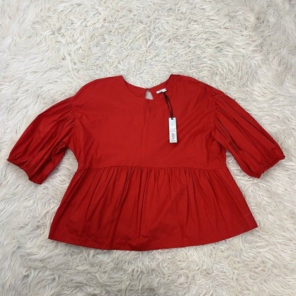 Prologue Red Balloon Sleeve Peplum Womens Romantic Blouse Size Large NWT Cotton